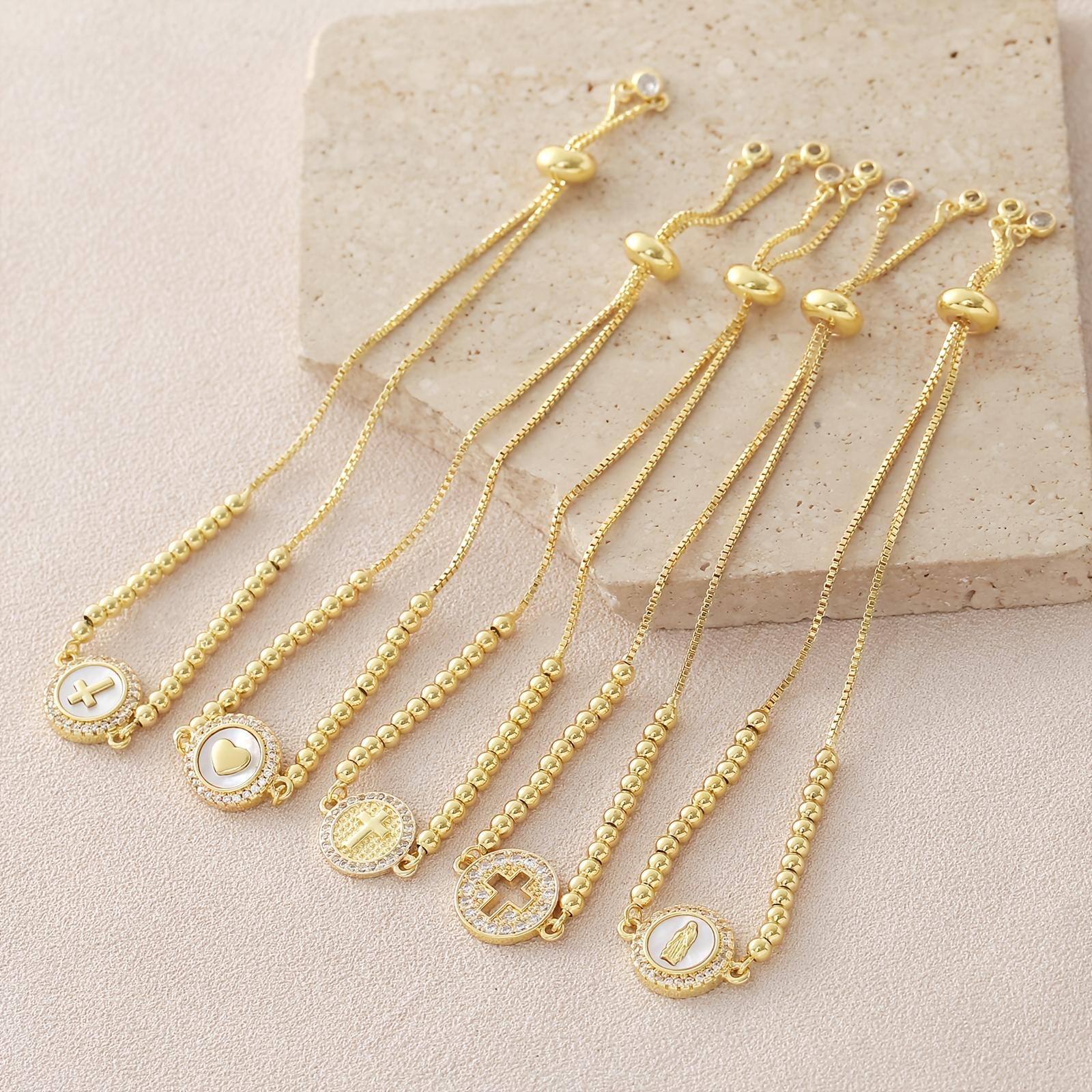 Women's 18K Gold-Plated Adjustable Bead Bracelet with Cross Pendant